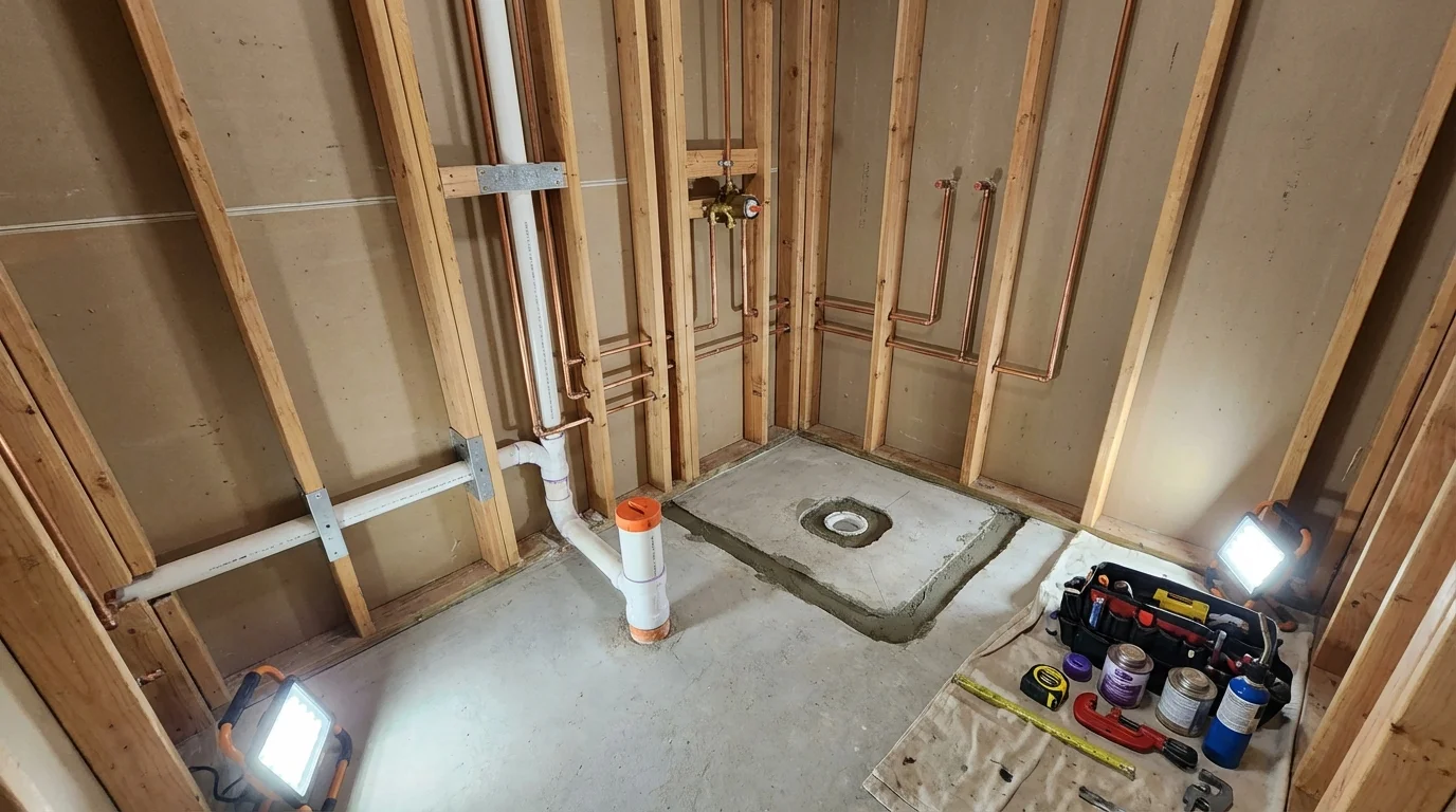 Bathroom rough-in plumbing during remodel by Johns Plumbing LLC in Faulkton