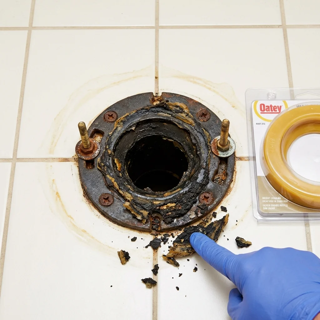 Failed wax ring showing water seepage at the base of a toilet in a Faulkton, SD home